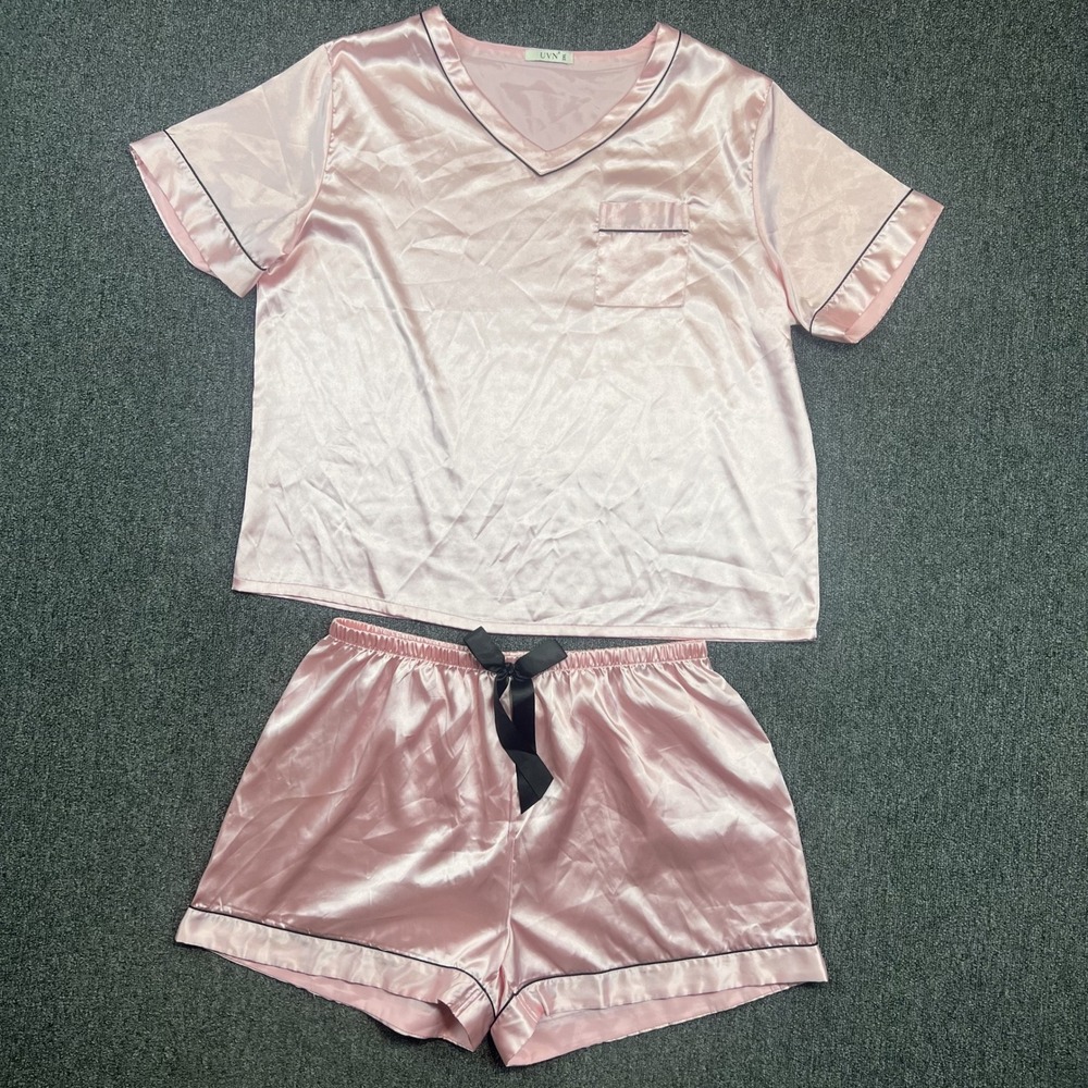 UVN Y2K Satin Pajama Set 2XL Pink Short Sleeve V-Neck Shorts Loungewear Coquette
